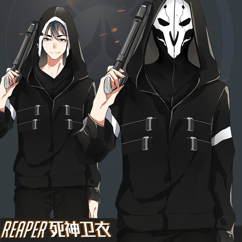 

[Stock]2018 NEW Game OW Reaper Death Printed Fake two-piece Fleece Coat Cosplay Mask Hoodie Jacket M-3XL Hot sale free shipping