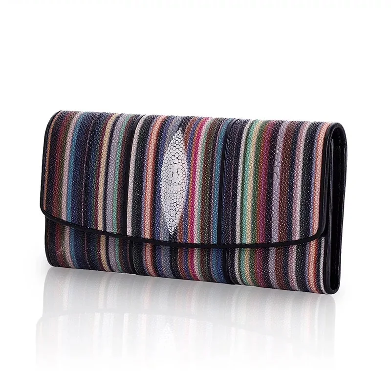 

Unique Striped Designer Genuine Stingray Skin Female Large Purse Exotic Leather Women Zipper Coin Pocket Lady Organizer Wallet