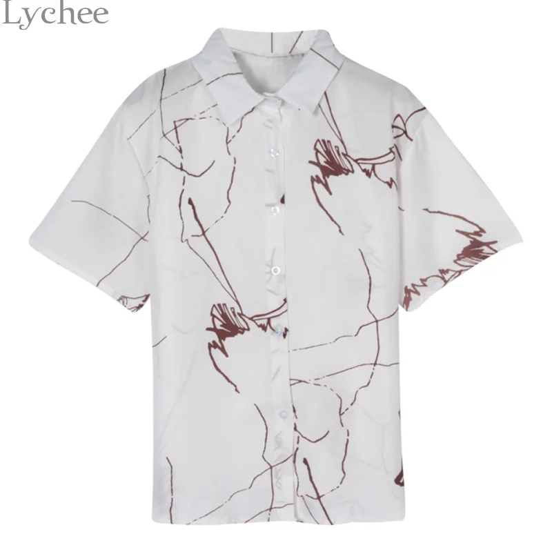 

Lychee Summer Women Bone Fingers Print Blouse Short Sleeve Turn Down Collar Shirts Casual Loose Blouse Tops Female