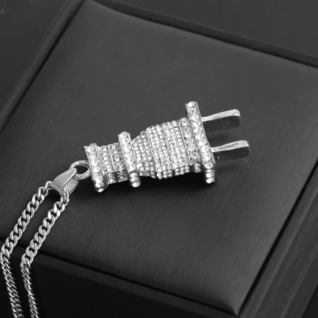 Gold/Sliver Plated Iced Out Electrical Plug Shape Pendant Necklaces Men Women Charm Chains Bling Hip Hop Jewelry Gift