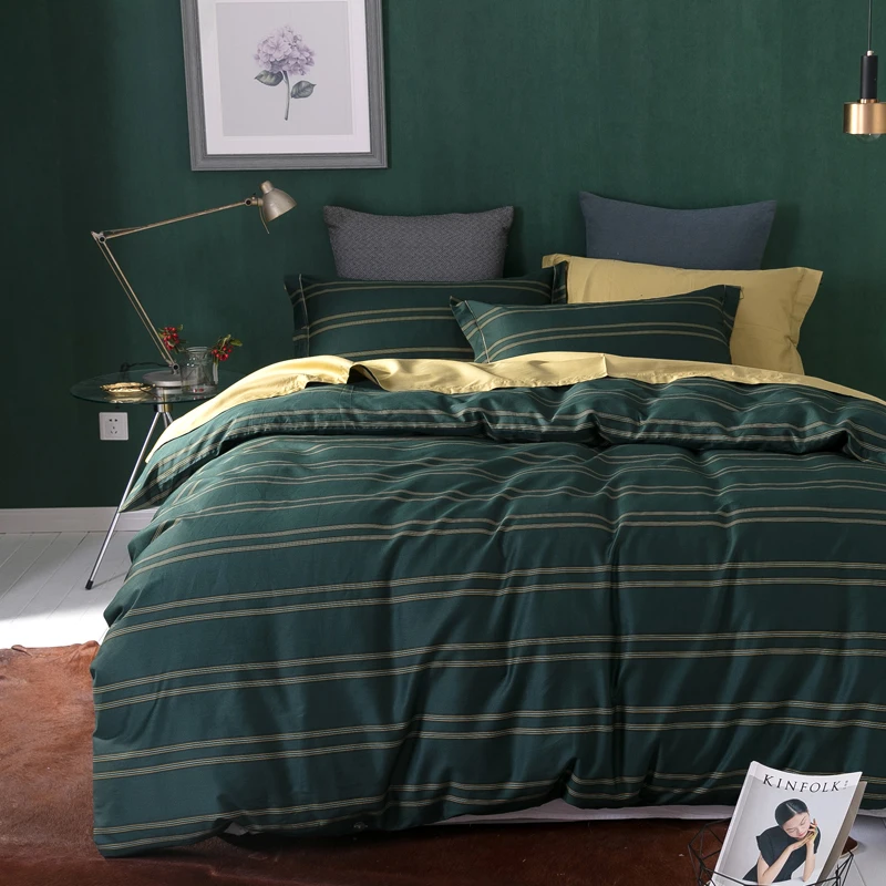 

Dark green stripes print bedding set Egyptian cotton fabric Queen King Size duvet cover flatsheet pillowcase