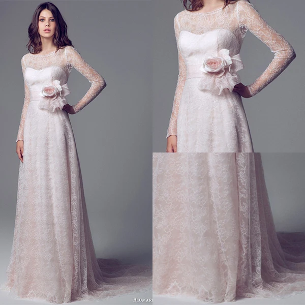 CustomedCustom brand Noble Wedding Dresses Empire Long Sleeve Court Train Flower Waist Lace Gowns | Свадьбы и торжества