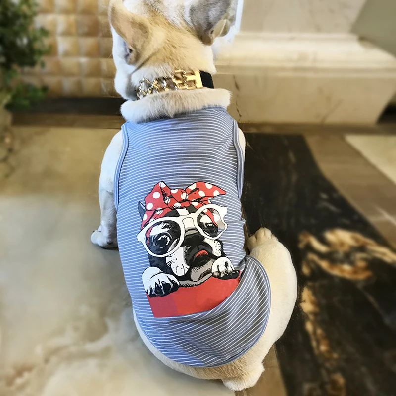 

Cotton French Bulldog Summer Cool Striped Letter Printed Vest Pet Dog Clothes Chihuahua Tshirt Pug Costume Dropshipping PC1292