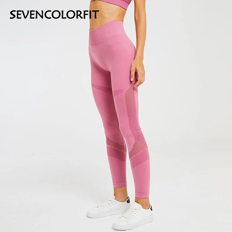 Sevencolorfit женские бесшовные легинсы с высокой талией, желтые, розовые, черные, сетчатые, открытые, сексуальные, для спортзала, спорта, фитнеса, колготки, длинные штаны - Цвет: Pink