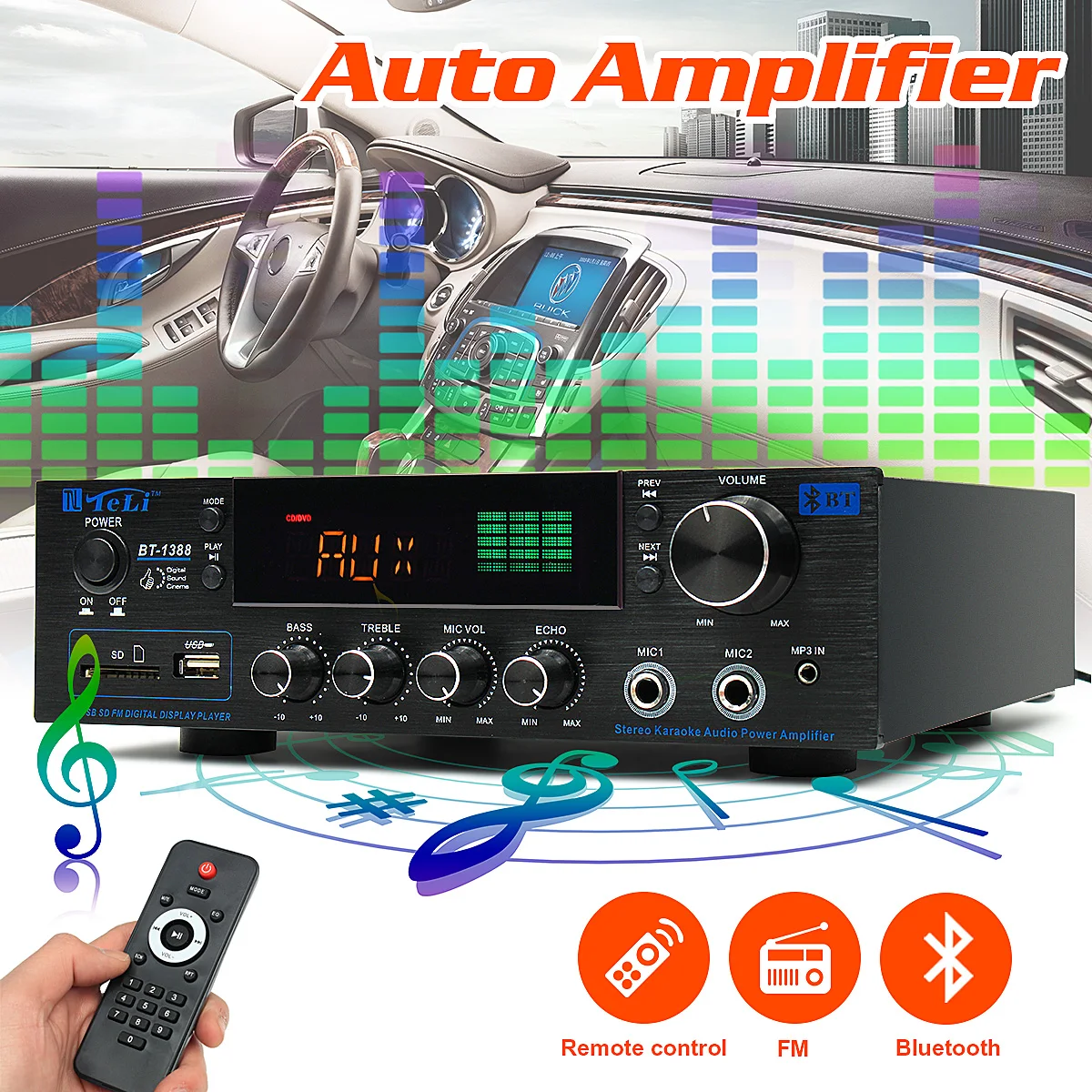 220V-240V 1388 2*200W Bluetooth Stereo 2.0 Amplifier HiFi Power Remote Control USB SD Aux Mic Input Auto Amplifier 220V-240V 1388 2*200W Bluetooth Stereo 2.0 Amplifier HiFi Power Remote Control USB SD Aux Mic Input Auto Amplifier