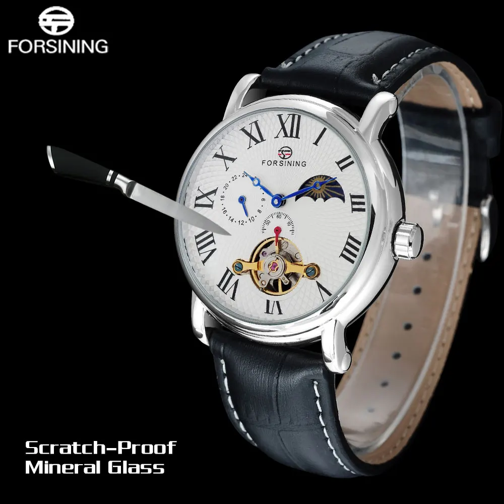 Forsining Роскошные Для мужчин Механическая Tourbillion Часы Пояса из натуральной кожи