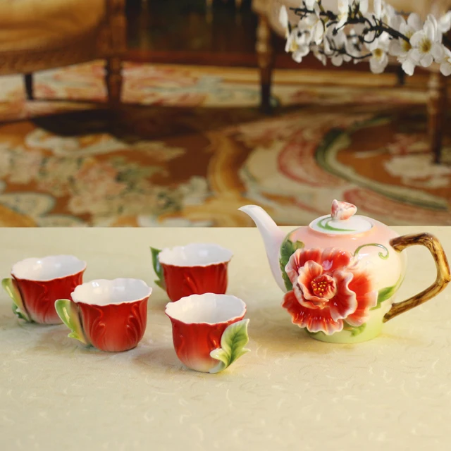 Cheap 1POT+6CUPS 3D Penoy Enamel Porcelain Tea Coffee Set Pot Cup Chinese Kung Fu Ceramic Teapot Mug European High-grade Friend Gift
