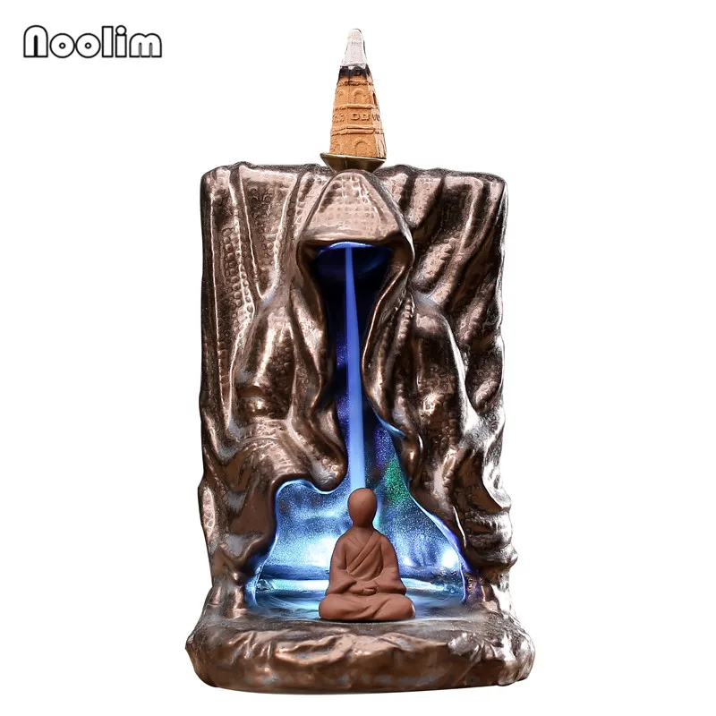 

New Creative Buddha Ceramic Backflow Incense Burner Home Zen Decor Smoke Waterfall Incense Holder With Led Light Censer