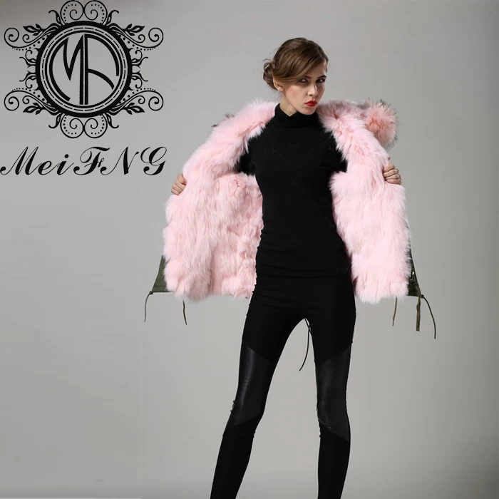 Розовая настоящая опушка из лисьего меха парка пальто, зимнее теплое пальто для дам