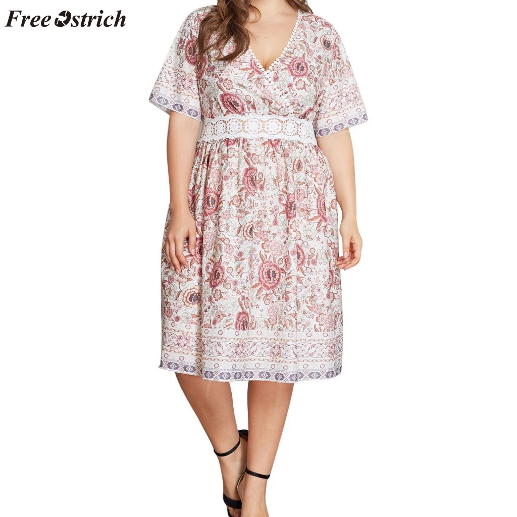

FREE OSTRICH Fashion Explosion Floral V-neck Large Size Dress Women's Large Size Floral Style High Waist V-neck Summer Dress New