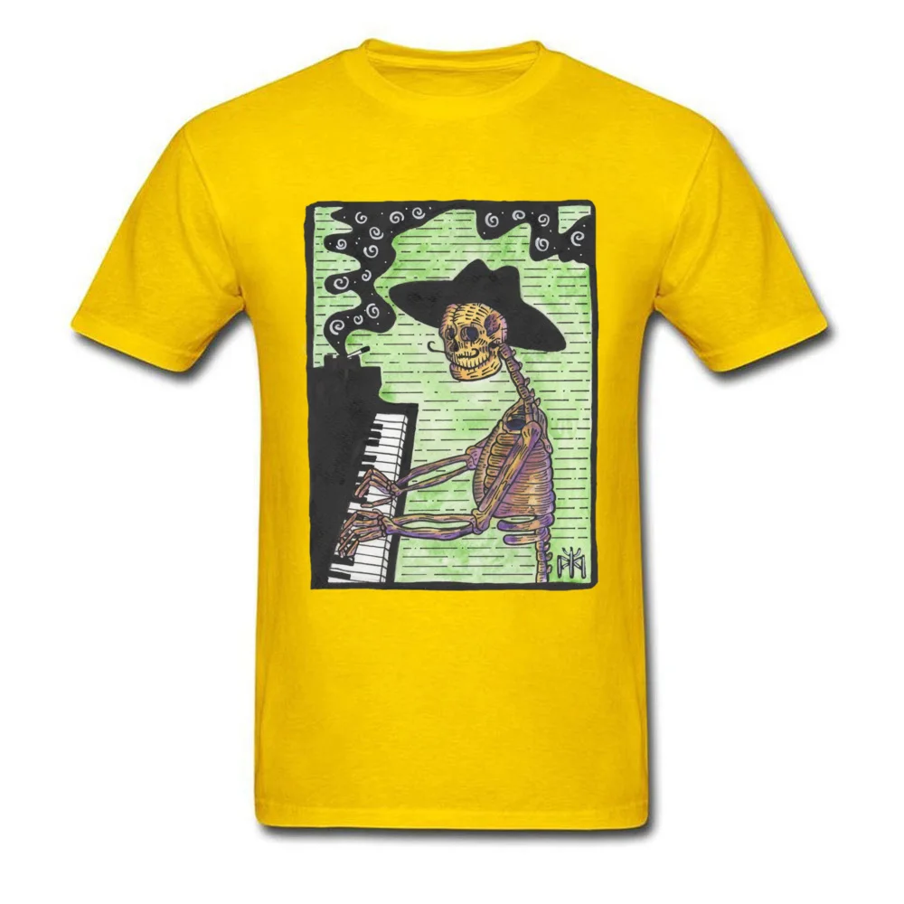 Skeleton Jazz Pianist 2018 New Men Top T-shirts O-Neck Short Sleeve 100% Cotton Tops Shirts Printed On T Shirt Skeleton Jazz Pianist yellow