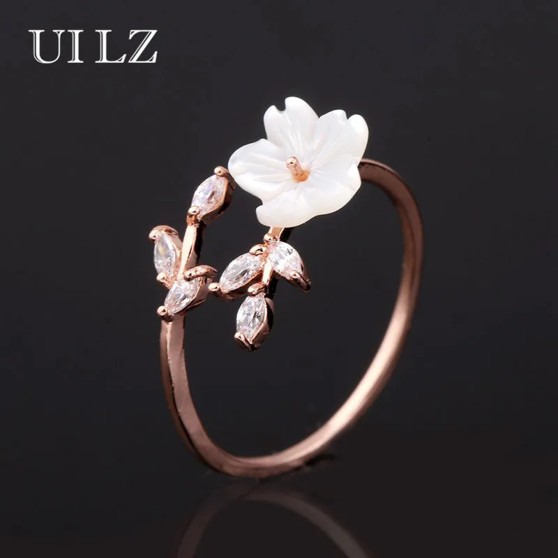 UILZ Koren Fashion Zircon Crystal Leaf Shell Flower Rings Women Ladies Girls Rose Gold Color