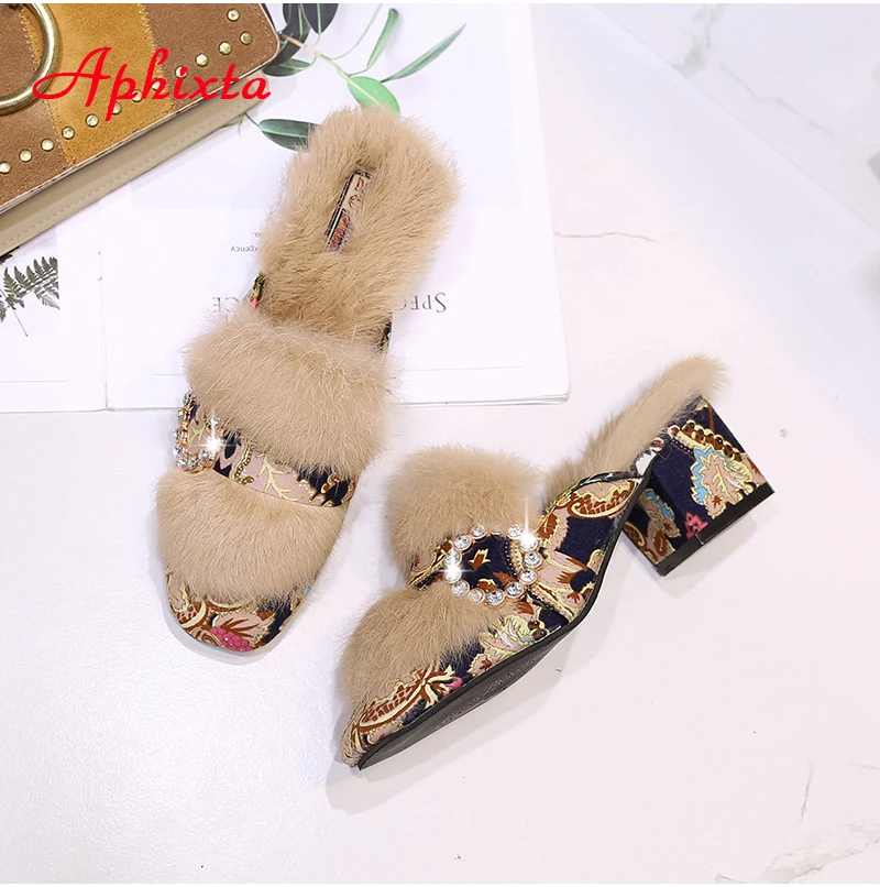 Aphixta Real Rabbit Hair Slippers Women Shoes Luxury Real Fur Square Heel Lady Warm Mujer Indoor Slides Plus Big Size 34-44