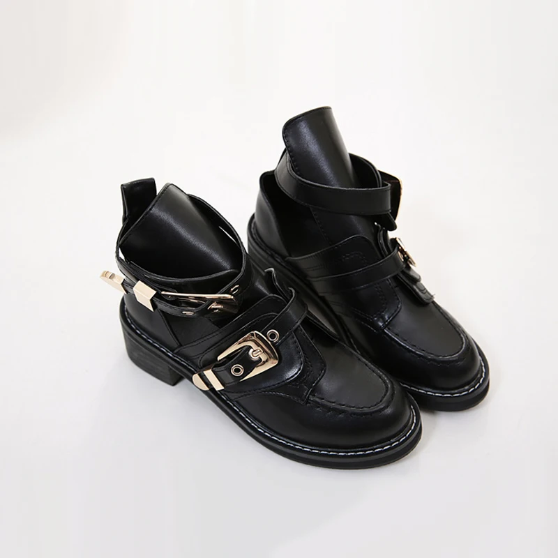 

Women Ankle Boots Black Round Toe Leather Buckle Ankle Boots Fall Punk Rock Shoes Female Gladiator Shoes Fashion Martin Boots