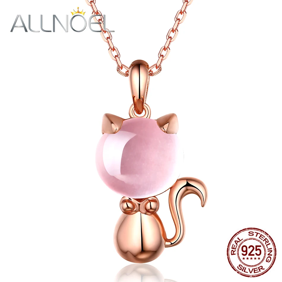 

ALLNOEL 2019 New S925 Rose Quartz Pendant Necklaces Natural Pink Gemstone Lovely Cat Charm Link Chain Choker Necklace Jewelries