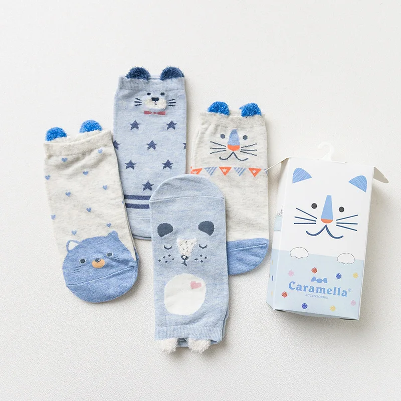 high quality women socks gift box 4 pair cute cat printed color cotton animals women fashion short lady ankle socks