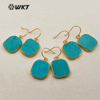 

WT-E054! Natural howlite earrings with gold trim on edged, beautiful green stone earrings WT-E054