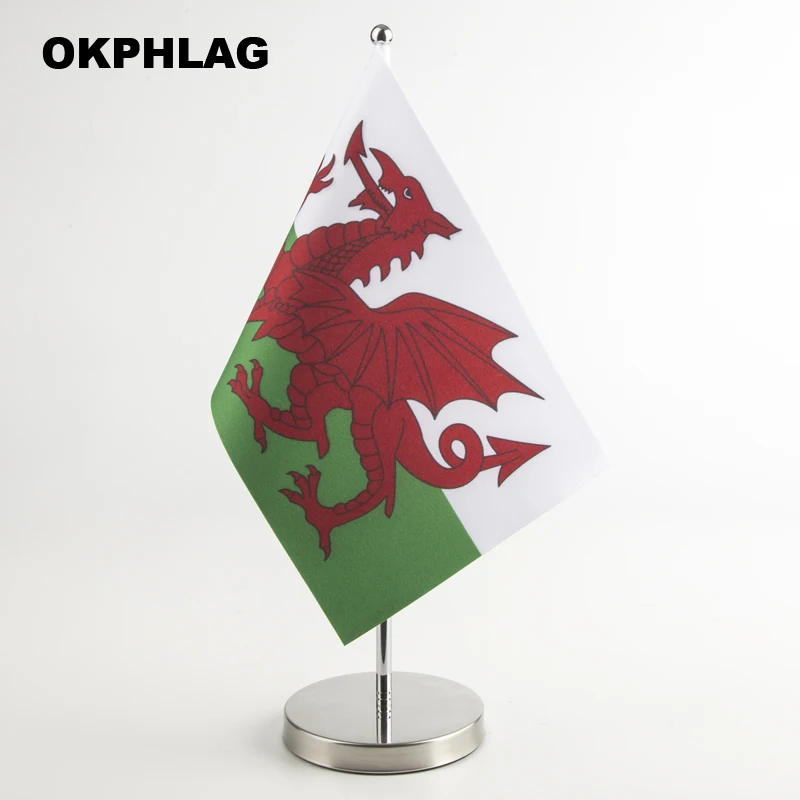 

Wales table desk Flag with silver flagpole base country banners 14*21CM for Office House Party KS-0242