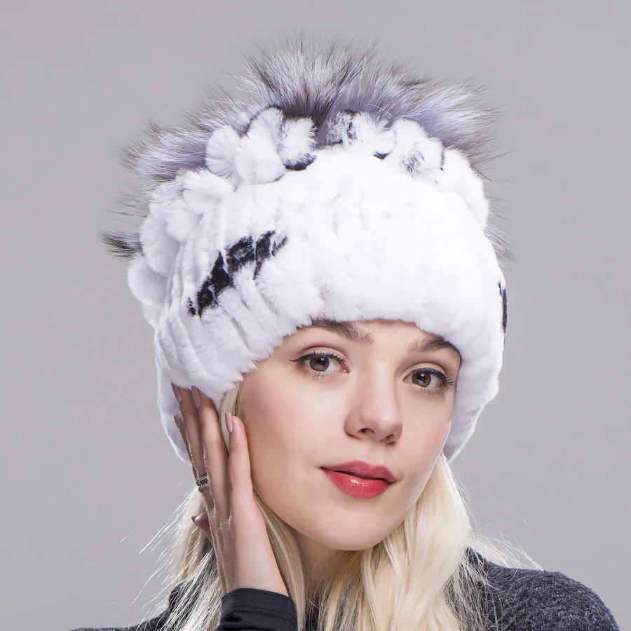 Fxfurs Winter Rex Rabbit Fur Hat With Silver Fox Flowers Top Knitted Beanies Fashion Women Causal Real Warm Cap | Аксессуары для