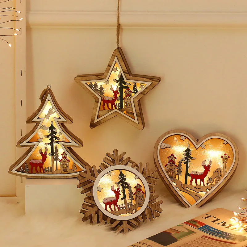 Wooden LED Light Star Heart Round Tree Shape Battery Powered Lamp Christmas Decoration