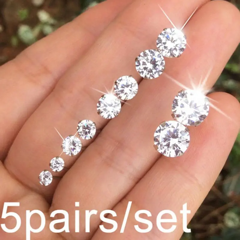 

5 Pairs/set, Women Crystal Earrings Six Claw Setting Ear Studs Female Fashion Jewelry Small To Big Colorful Zircon Earrings