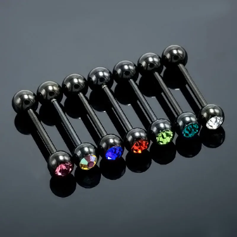 Fashion Black Tongue Rings Black Barbell Tongue Piercing Bar Stainless Steel Czech Crystal 7 Colors 1.4mmx16mm Body Jewelry Men2