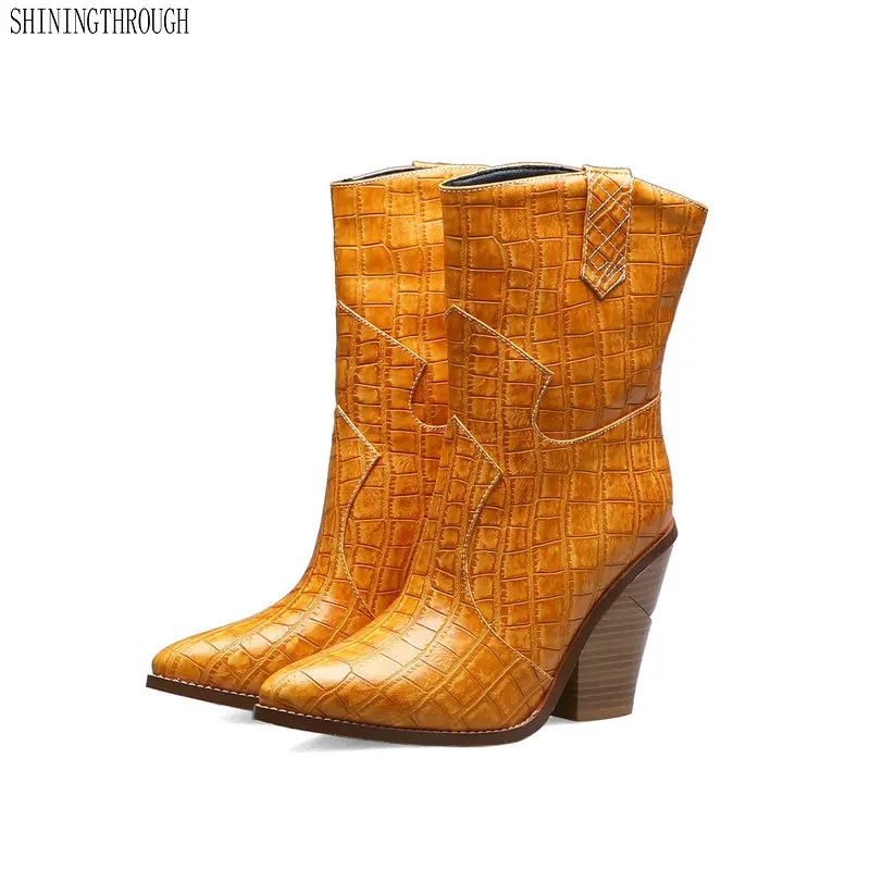 

Sexy Embossed Microfiber Leather Women Boots Western Cowboy ankle High Boots Chunky High Heels Motorcycle Boots big size 43 44