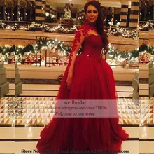 Burgundy 2016 Long Sleeve Muslim lace appliques Robe de Mariage Hijab Dubai Saudi Arabia Event Gown Women Prom dress