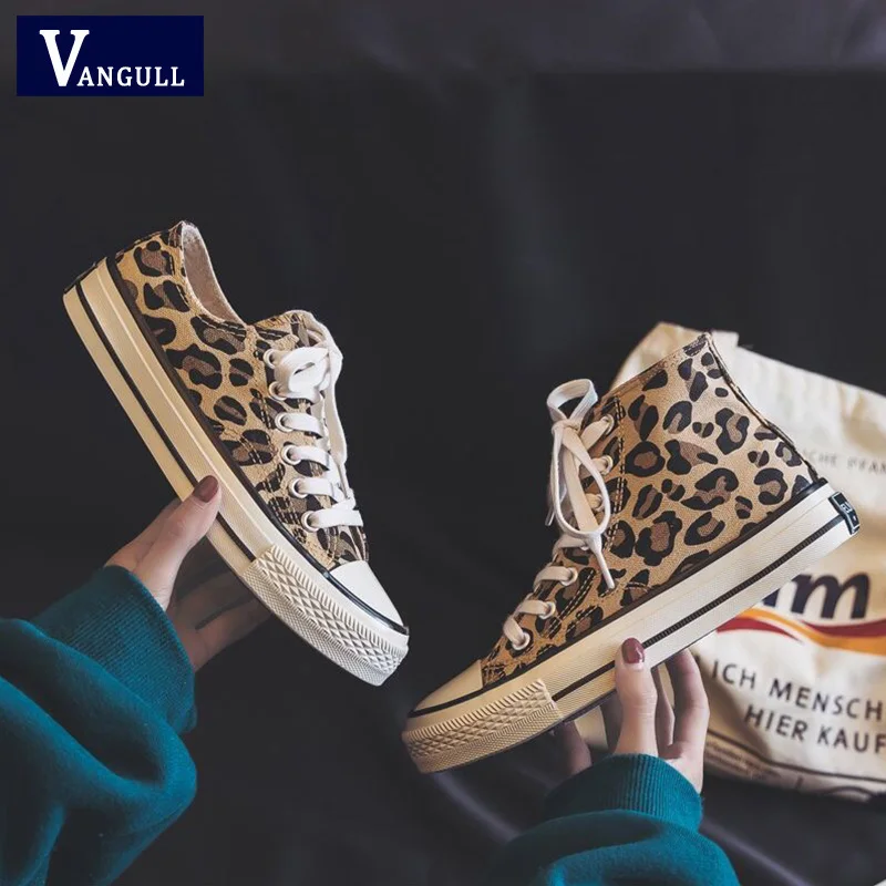 Vangull Women Flats Leopard Lace Up Comfort Shoes Ladies Canvas Vulcanized Shoes Female Sneakers Fashion Casual Platform Shoes
