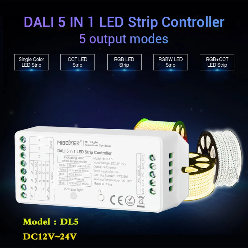 Ceny MiBOXER (milight) DL5 DALI 5 w 1 kontroler taśmy ledowej 12 ~ 24V ściemniacz, wspólna anoda połączenie, kompatybilny z panelem DALI DL POW1