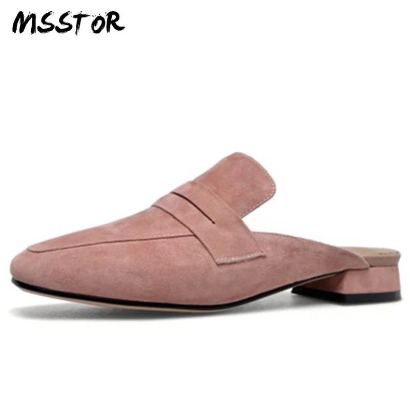 

MSSTOR Apricot Kid Suede Pumps Women Shoes Concise Fashion Outside Beige Square Heel Summer Shoes Square Toe Mules Shoes Women