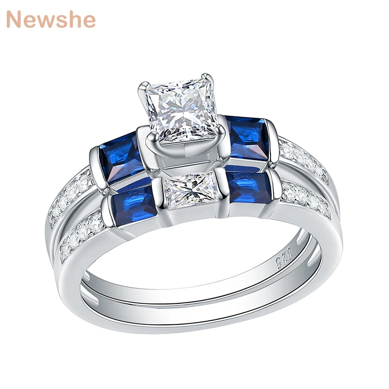 Newshe 2 шт. обручальное кольцо набор 1,24 Ct Принцесса Cut синий боковой камень CZ стерлингового серебра 925 обручальные кольца для женщин