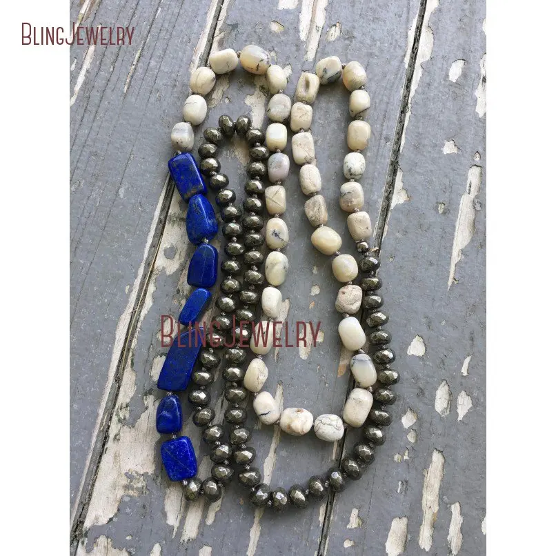

Long Layering Summertime Boho Blue and White Necklace with Lapis, African Opal and Pyrite Hand Knotted Necklace NM21482