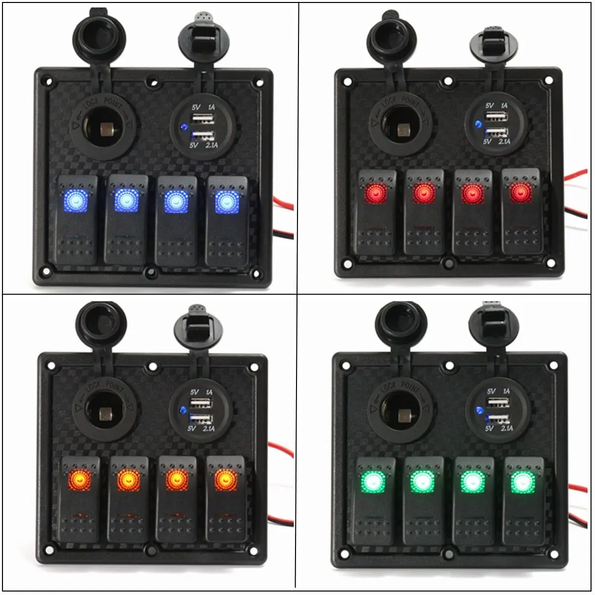 

12V 24V 4 Gang LED Rocker Switch Panel Dual USB Power Charger for Car Marine Boat RV Switches Panel Green Orange Red Blue