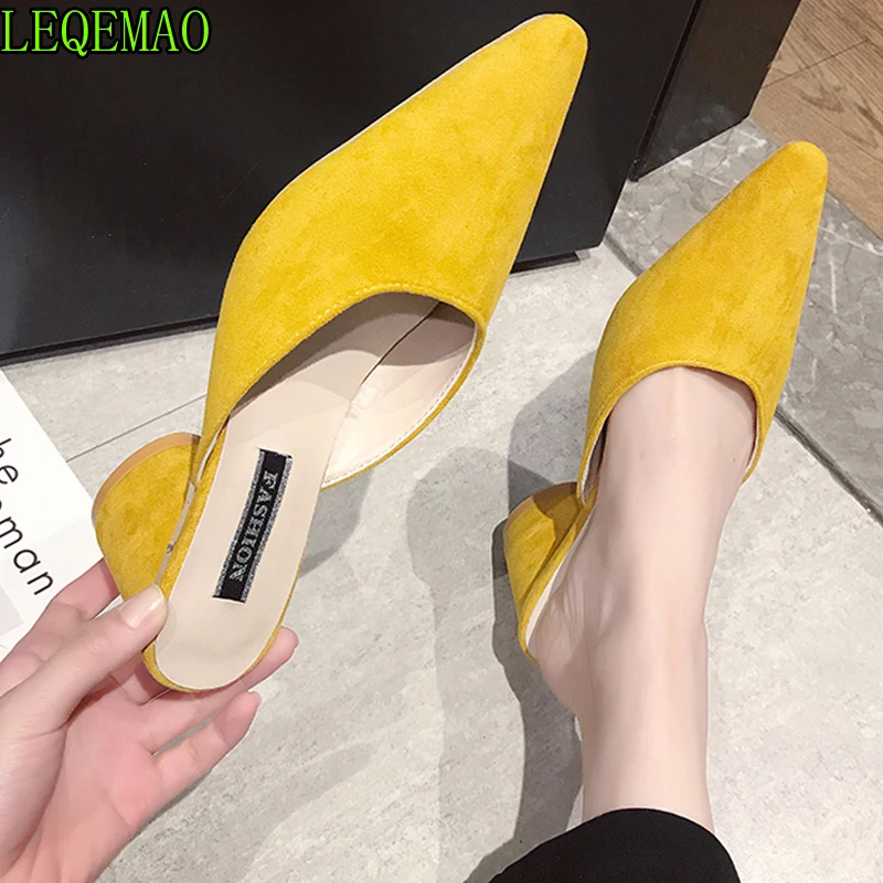 

2019 Summer Women Flock Leather Yellow Slippers Mules Close Toe Round Toe Chunk High Heel Slip on Pointed Toe Ladies Flip Flops