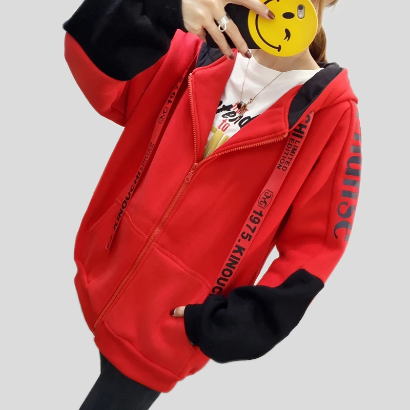 

2018 autumn and winter plus velvet cap rope pocket zipper ladies hoodies Korean version of the new Harajuku casual sweatshirts