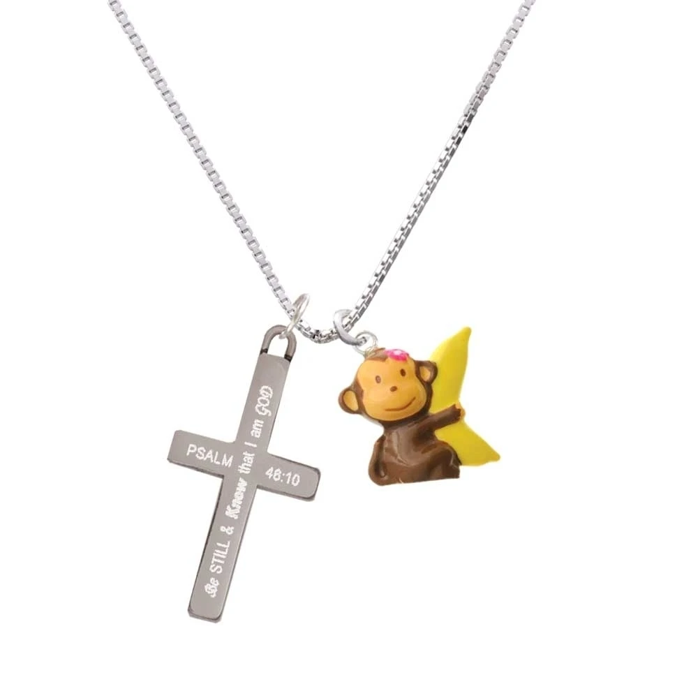 Resin Monkey Hugging a Banana - Be Still and Know - Cross Necklace