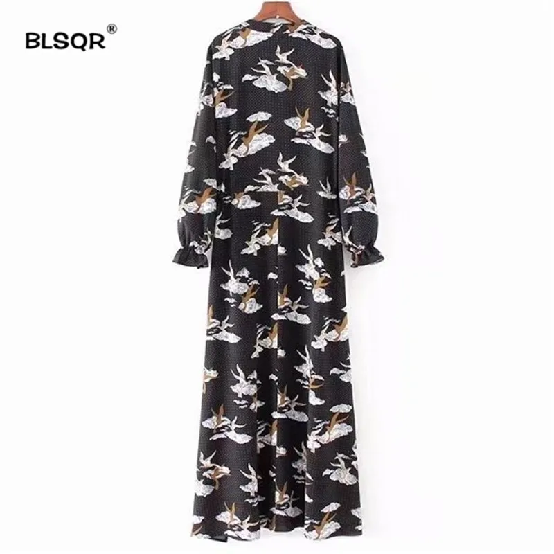 BLSQR летнее винтажное платье с v-образным вырезом и рисунком птицы, регулируемый пояс, Платья-макси с длинным рукавом, женское платье с разрезом