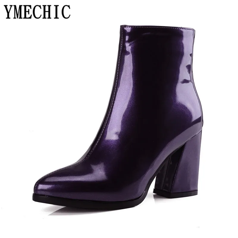 YMECHIC/2018 Модные женские ботильоны из лакированной искусственной кожи с зеркальным