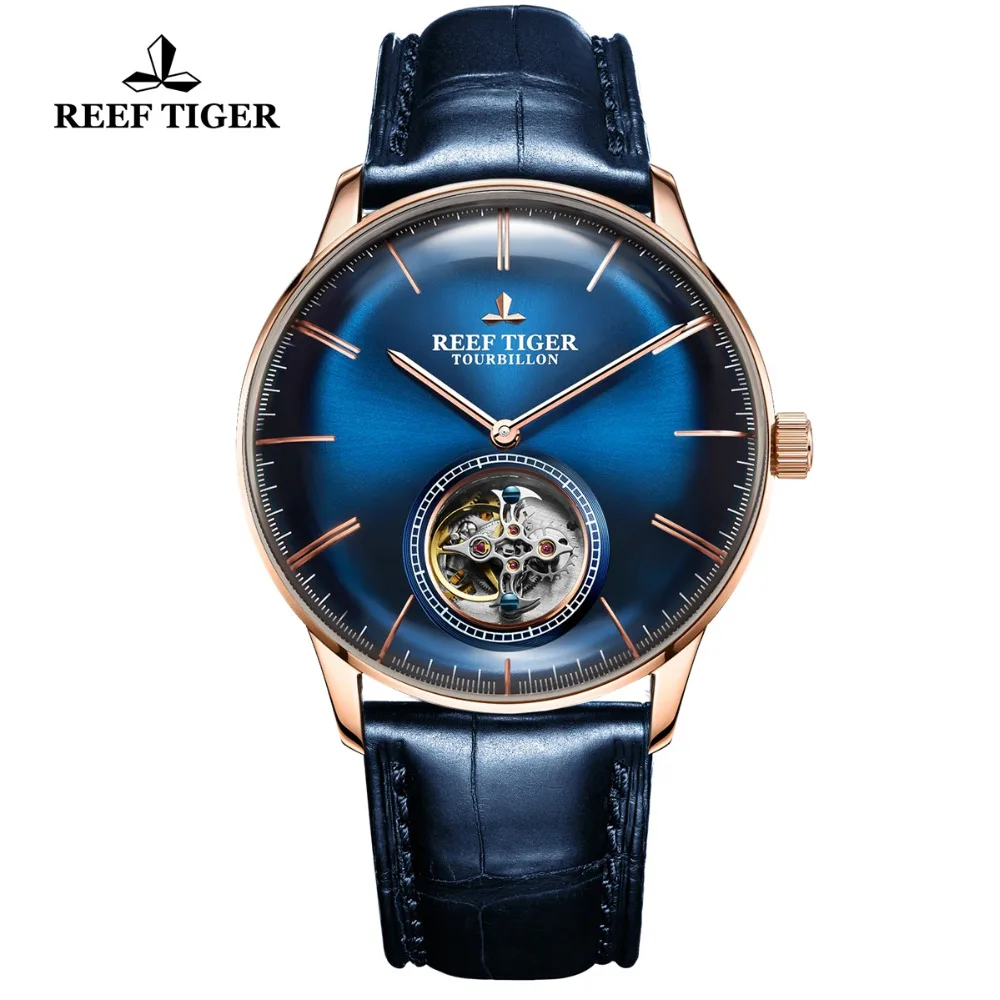 Reef Tiger/RT мужские роскошные брендовые часы Tourbillon из натуральной кожи синие розовые золотые автоматические часы Relogio Masculine RGA1930