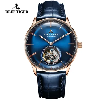 

Reef Tiger/RT Men Luxury Brand Tourbillon Watch Genuine Leather Blue Rose Gold Automatic Watches Clock Relogio Masculine RGA1930