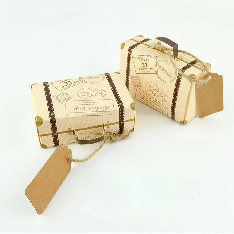 

50 PCs Mini Suitcase Bonbonniere christmas halloween gift boxes Chocolate Boxes With Jute Wedding favors and gifts For Guests