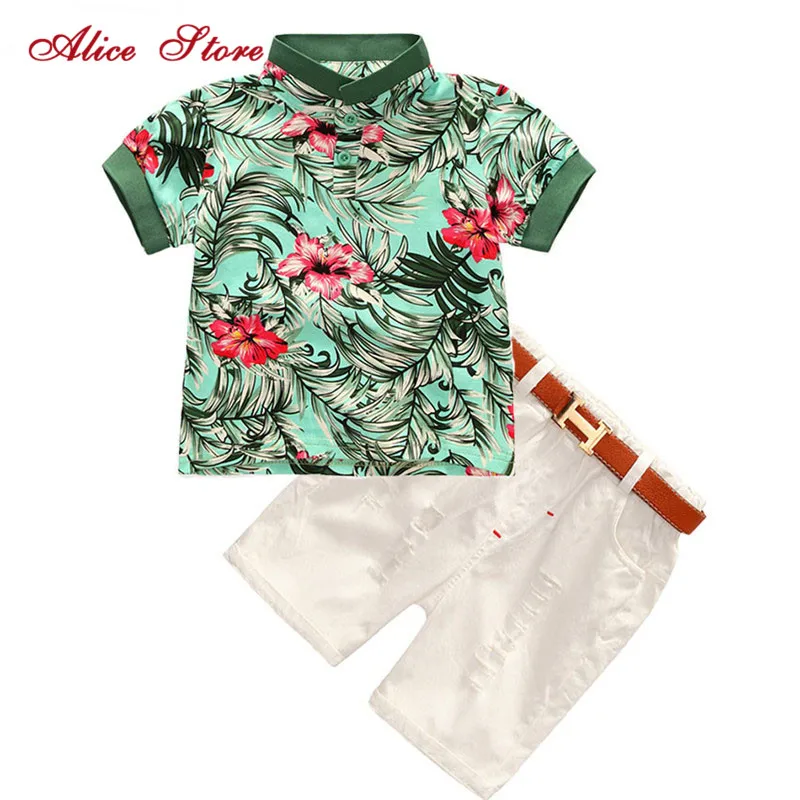 

2018 Hot-selling 2pcs Toddler Kids Cool Baby Boy Flower Short Sleeve Polo T-shirt Tops+ Short Pants Outfits Clothing Set