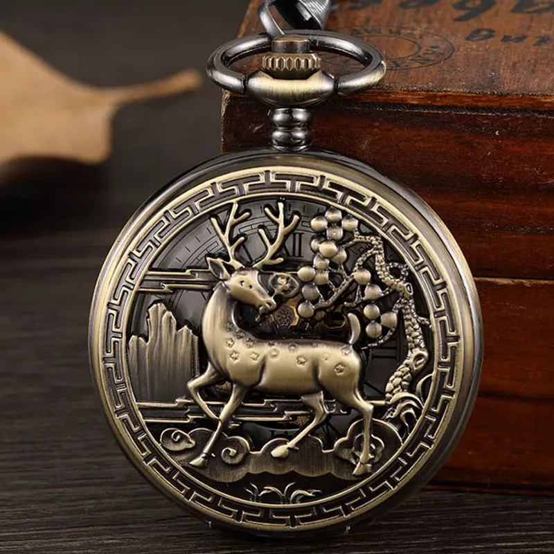Винтаж бронзовый олень Механические карманные часы Для мужчин стимпанк Hollow унисекс скелет брелок стороны смотреть цепи Цепочки и ожерелья