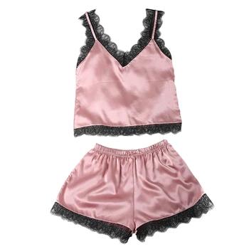 

Women Sexy Sleepwear Pajama Set Lace Satin Top and Shorts Pajama Set Fall