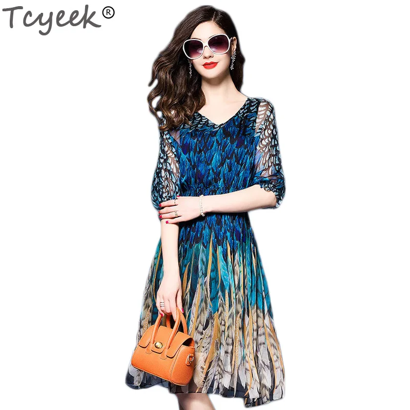 

Tcyeek 2019 summer dress Printing Dress Summer elegant Knee-Length Dress Loose Regular Short Sleeve robe femme ete 2019 HH092