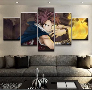 

Modern Canvas Paintings Bedroom HD Prints Posters Wall Art 5 Pieces Fairy Tail Fire Magician Natsu Dragneel Pictures Home Decor