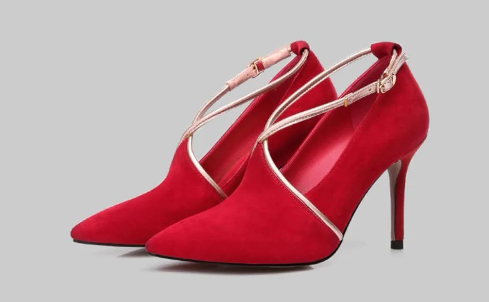 

Spring and summer new leather pointy heels European and American color single shoes red wedding shoes.