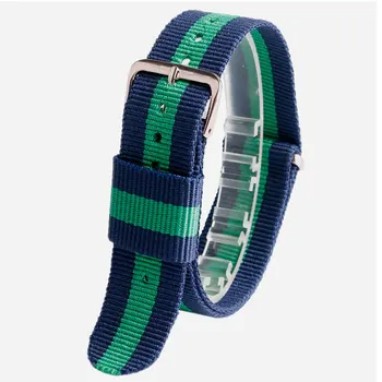 

20 mm Wrist Band Strap Fabric Nylon Canvas Bracelet Men Women Replacement Watchband + 2 Spring Bars Stripe Blue+Green