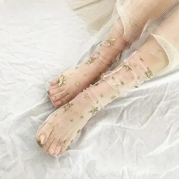 

2018 New Summer Fashion Multi Color Glitter Thin Mesh Tulle Socks Transparent Ultra Thin Fishnet Star Sherr Hosiery Socks Hot
